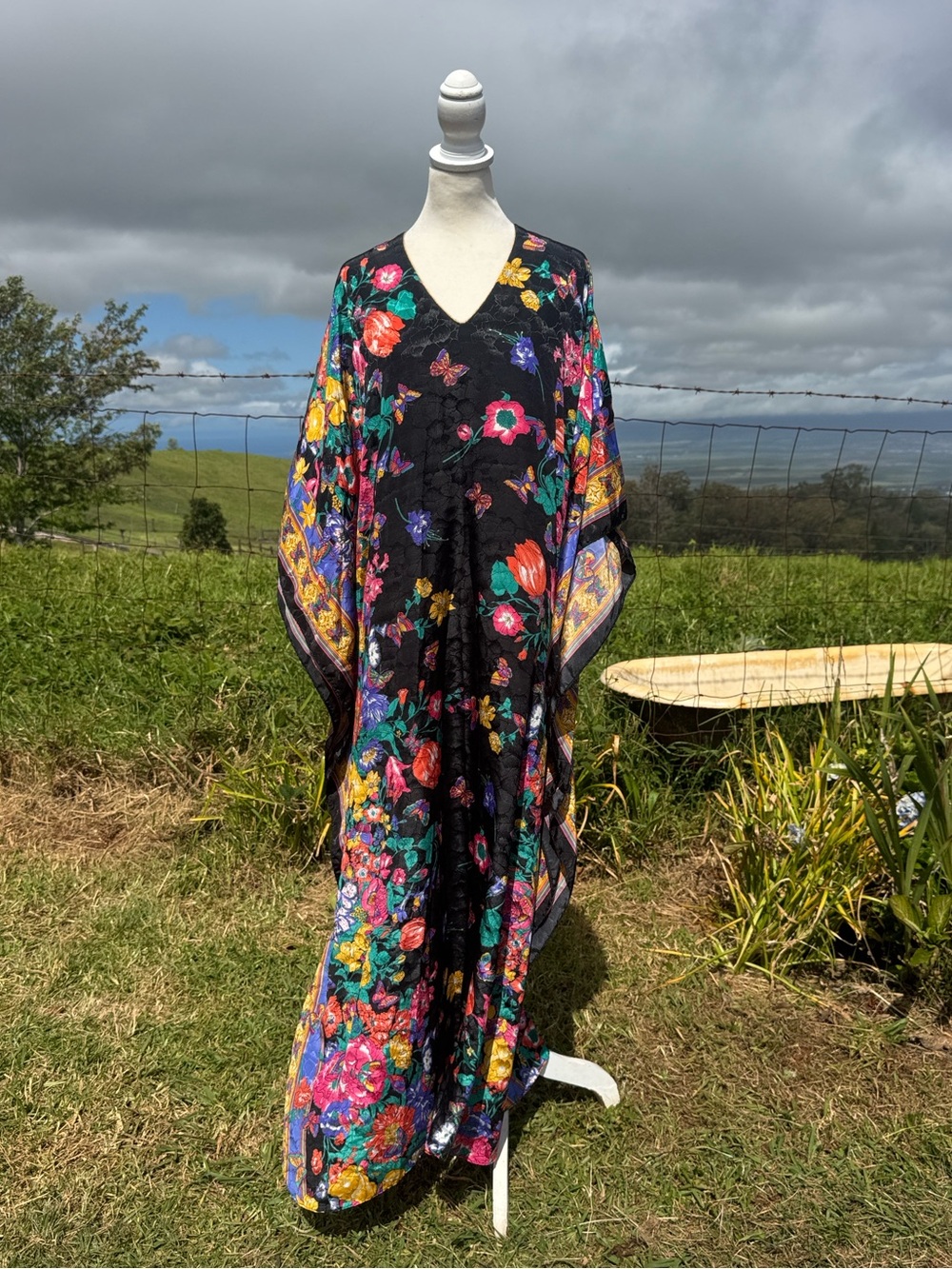 VTG Ruth Norman NY black butterfly floral
long Kaftan Caftan Satin Dress OS